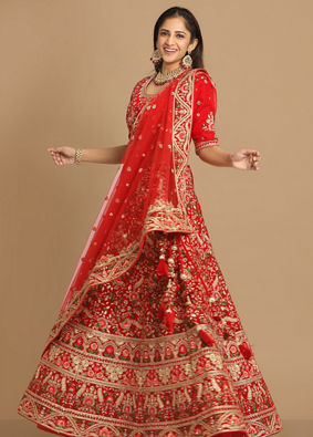 alt message - Mohey Women Red Floral Embroidered Lehenga image number 2
